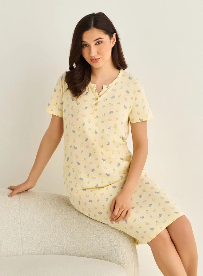 سبلاش فيڤ Midi Night Dress Short Sleeve Fruit Print Cotton